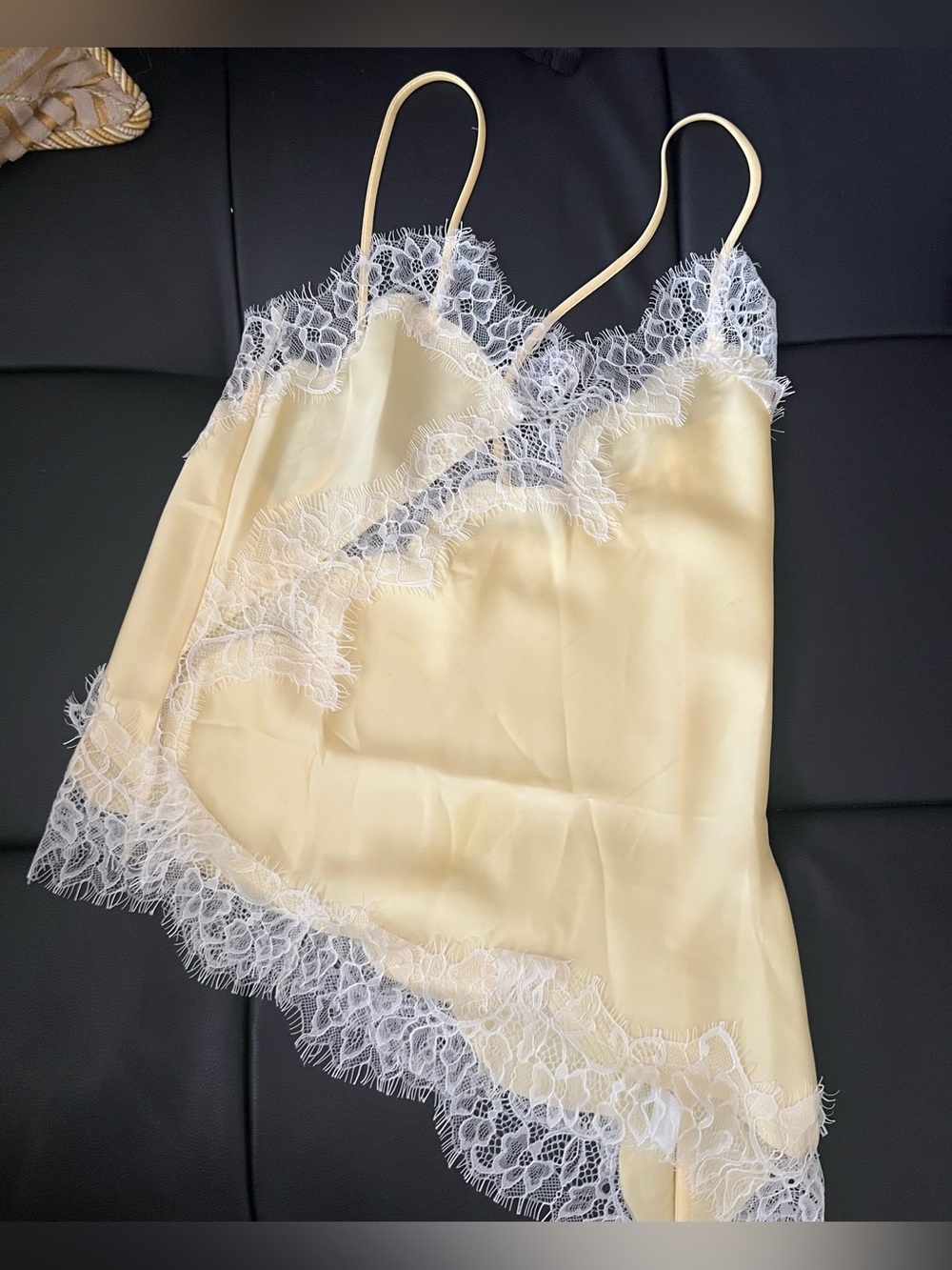 $10 Gift💕NEW Sexy Satin asymmetry Lace-Trim Cami Slip -Soft butter Yellow USA2
